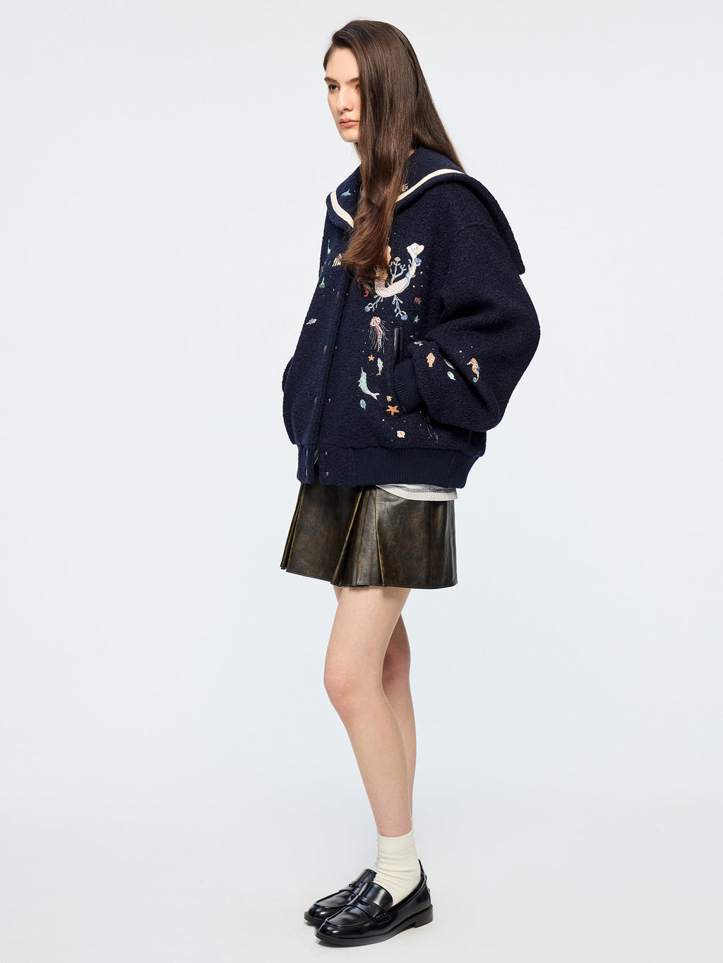 Sailor collar wool baseball jacket with fantasy undersea embroidery