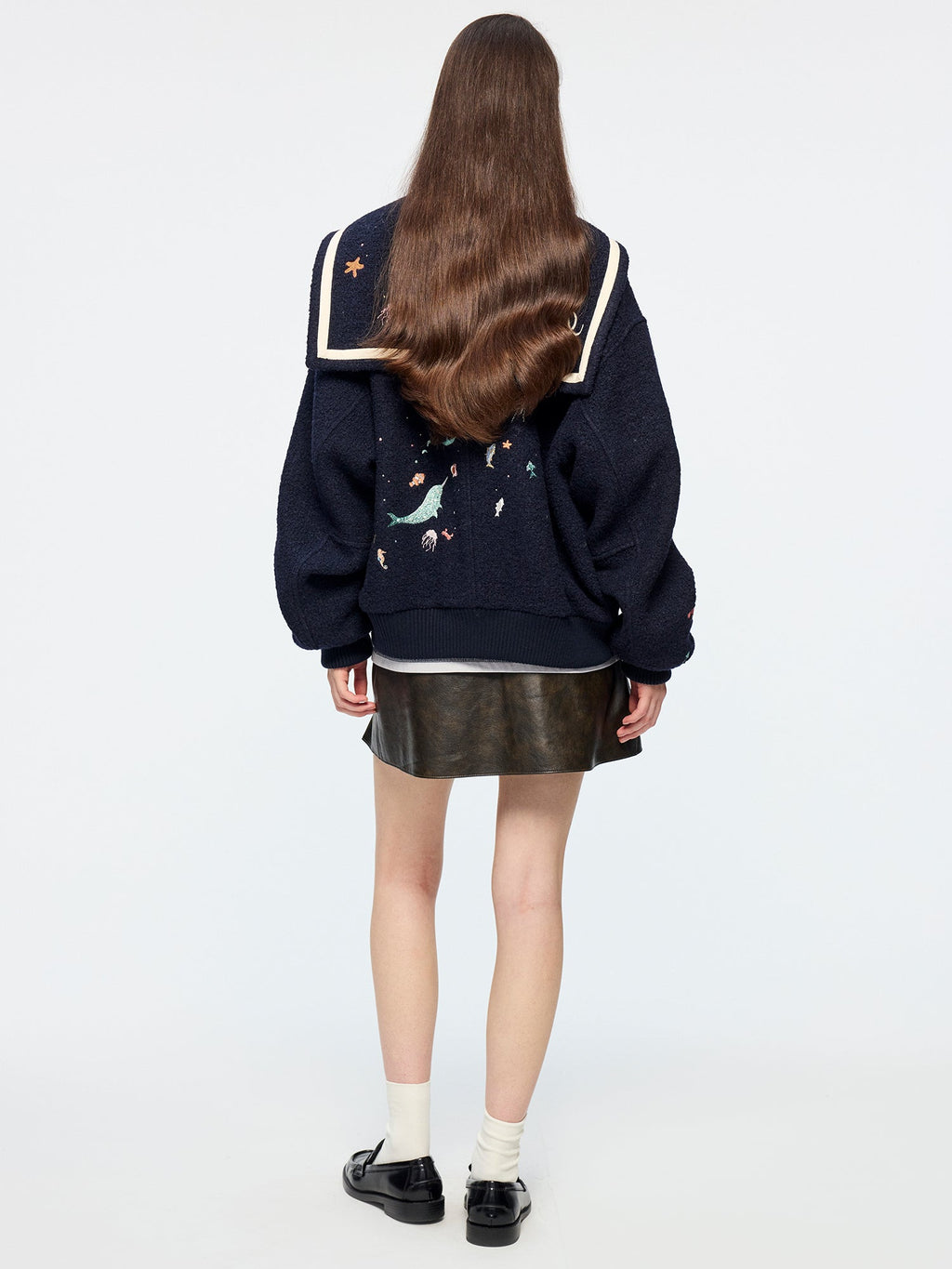 Sailor collar wool baseball jacket with fantasy undersea embroidery