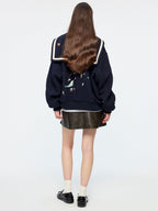 Sailor collar wool baseball jacket with fantasy undersea embroidery