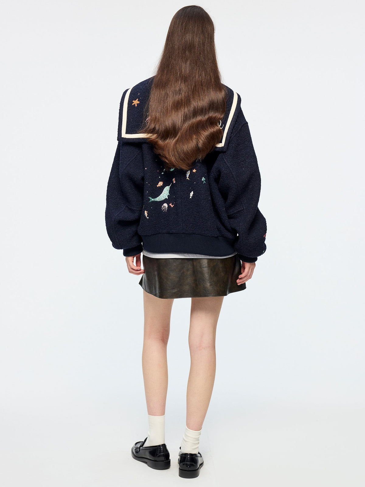 Sailor collar wool baseball jacket with fantasy undersea embroidery
