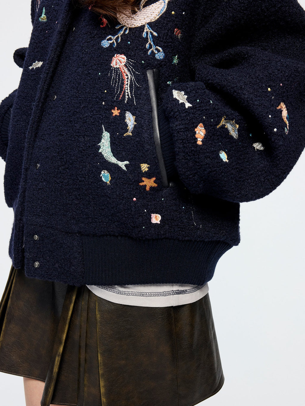 Sailor collar wool baseball jacket with fantasy undersea embroidery