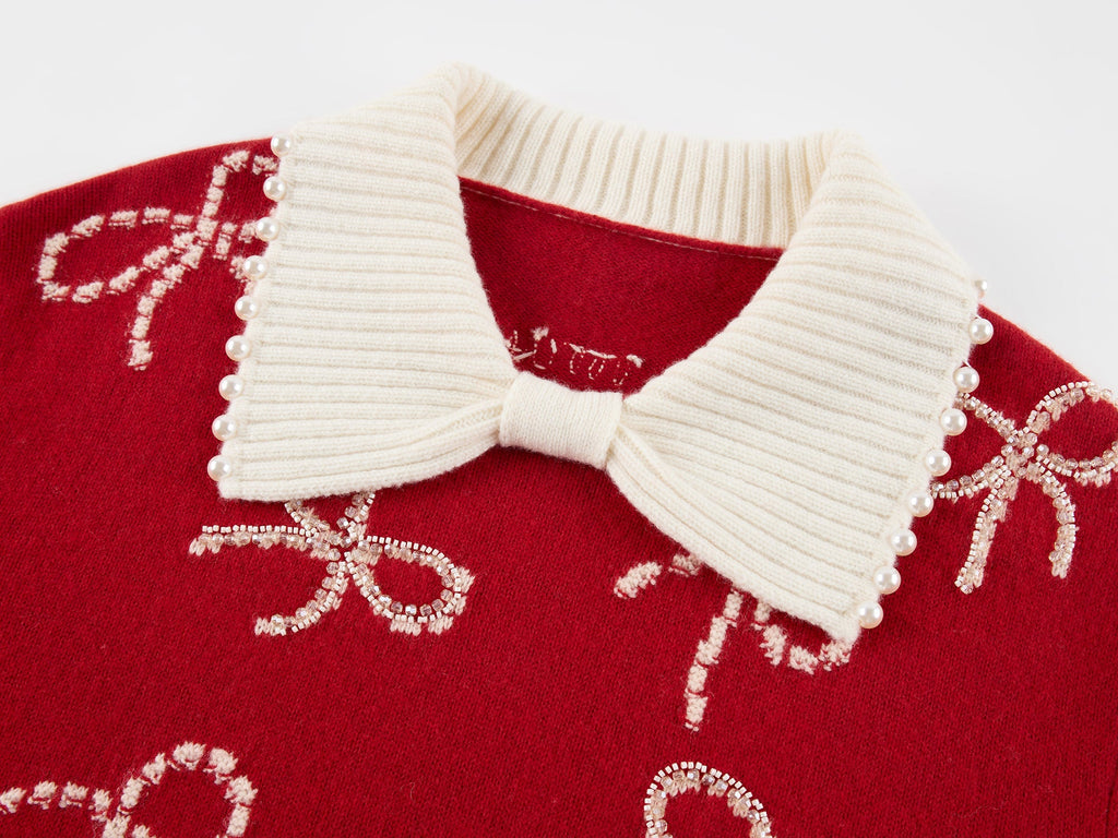 Beaded embroidered bow pullover