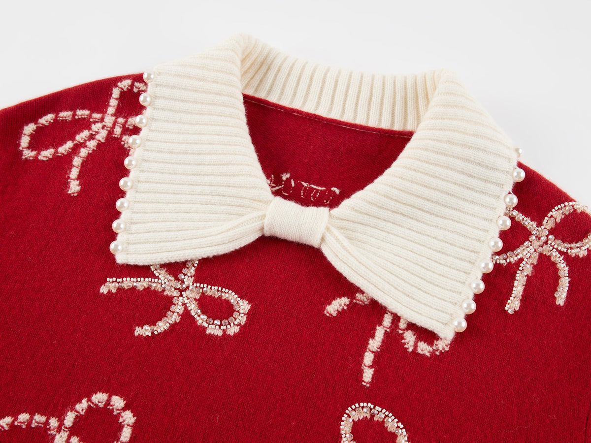 Beaded embroidered bow pullover
