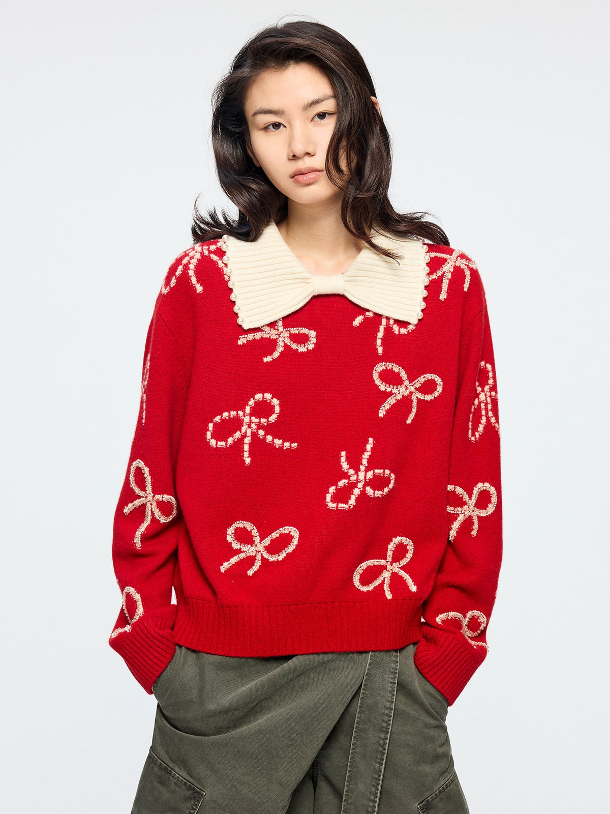 Beaded embroidered bow pullover