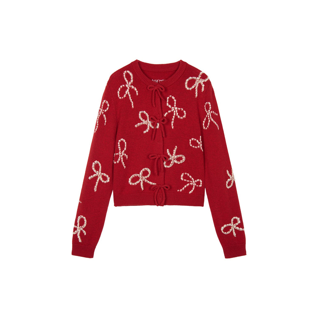 Beaded embroidered bow cardigan