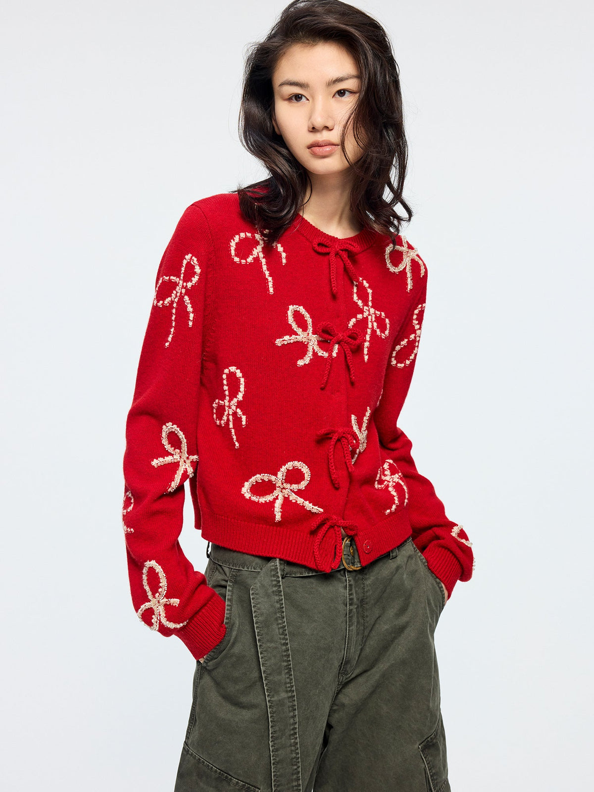 Beaded embroidered bow cardigan