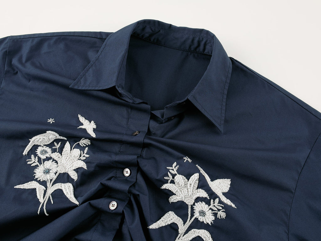 Beaded embroidered bird drawstring shirt