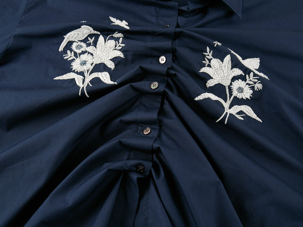 Beaded embroidered bird drawstring shirt