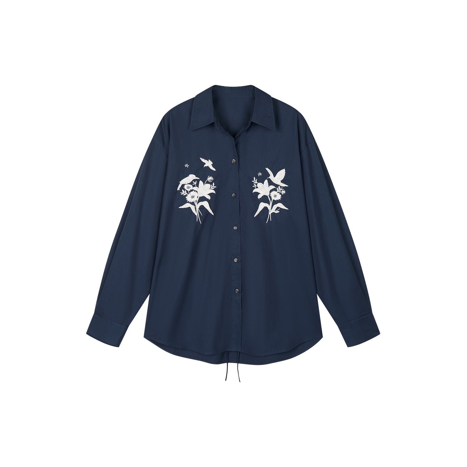Beaded embroidered bird drawstring shirt