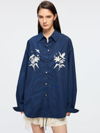 Beaded embroidered bird drawstring shirt