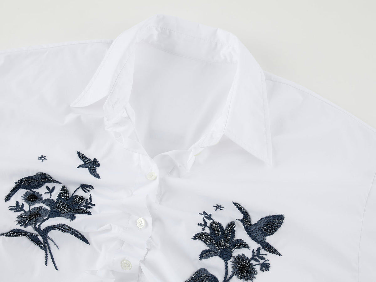 Beaded embroidered bird drawstring shirt