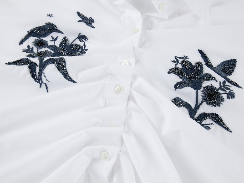 Beaded embroidered bird drawstring shirt