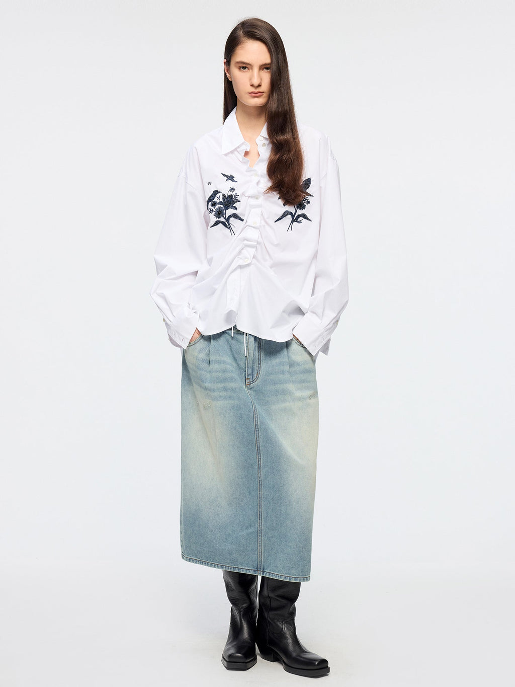 Beaded embroidered bird drawstring shirt