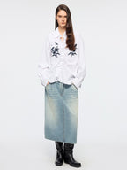 Beaded embroidered bird drawstring shirt