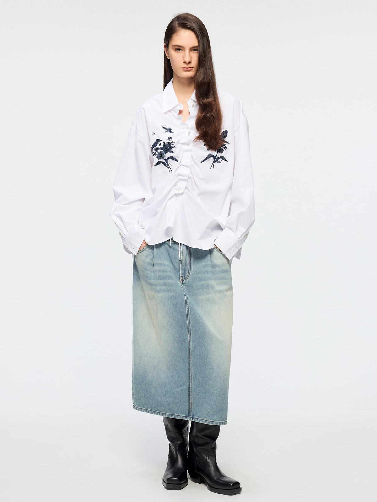 Beaded embroidered bird drawstring shirt
