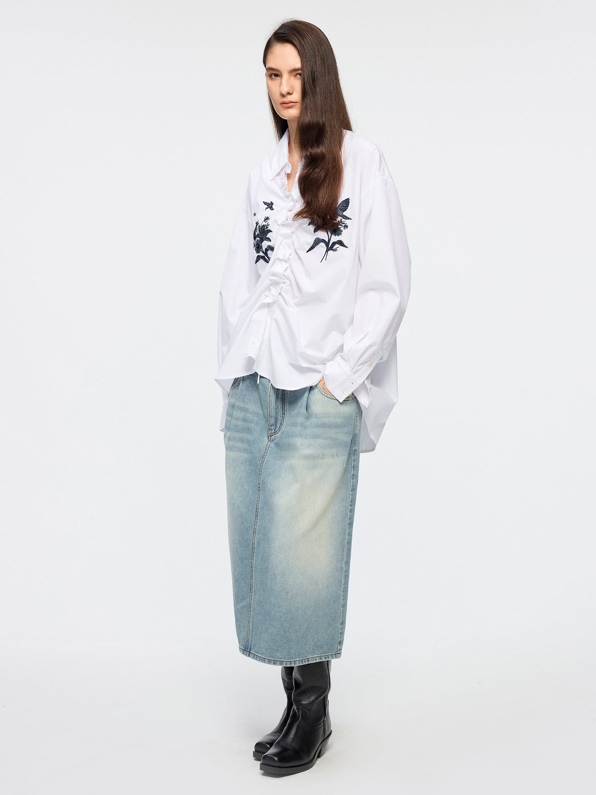 Beaded embroidered bird drawstring shirt