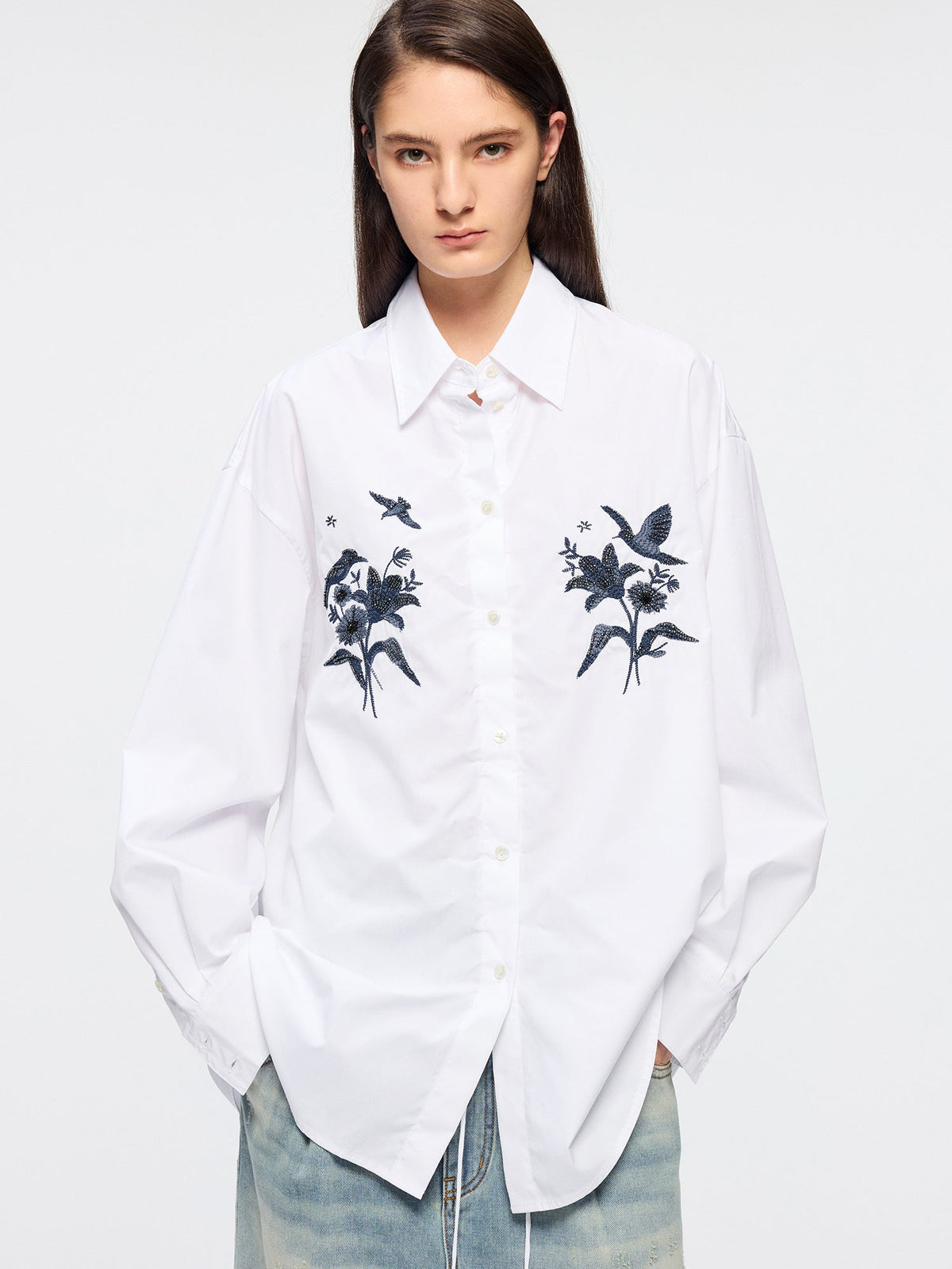 Beaded embroidered bird drawstring shirt