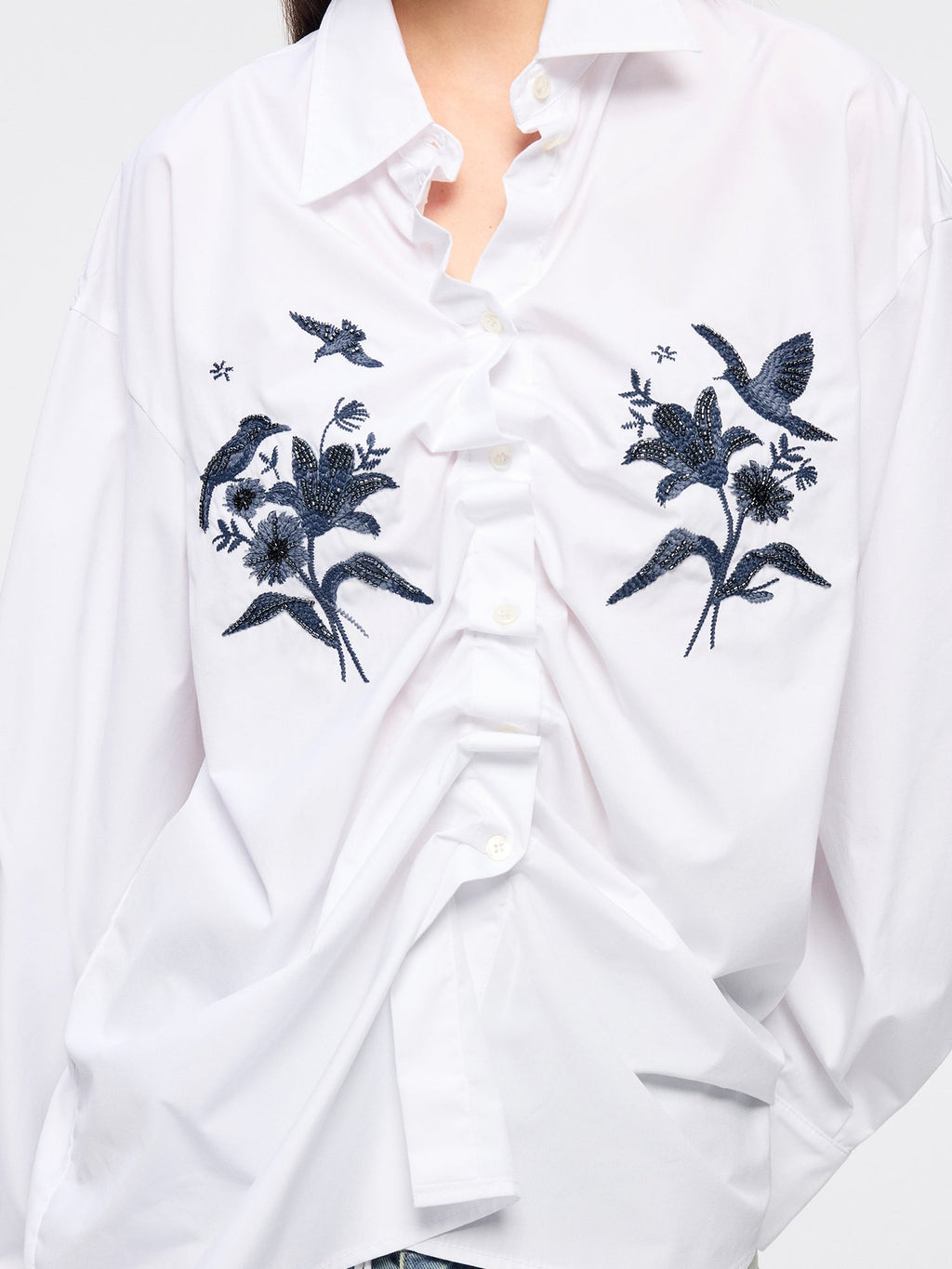 Beaded embroidered bird drawstring shirt