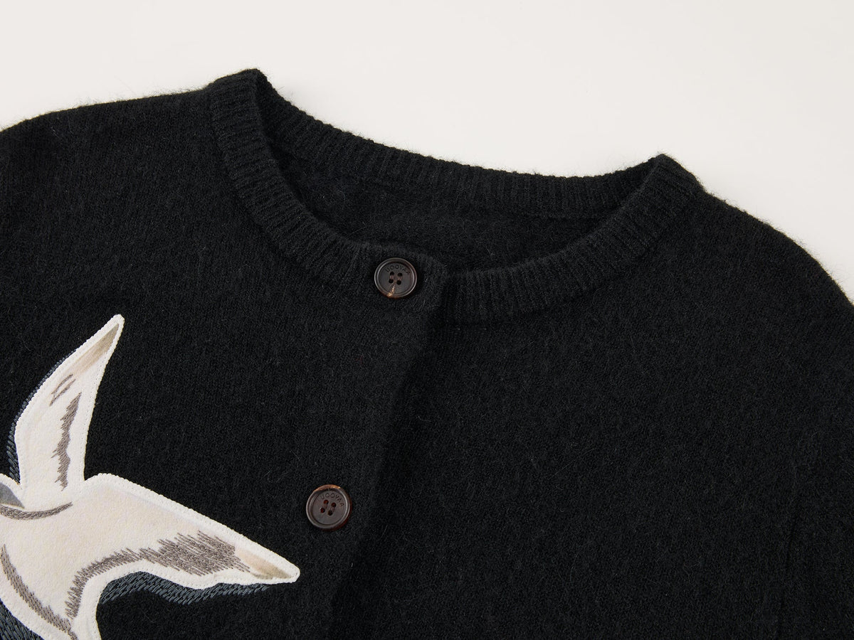 Origami bird wool applique cardigan