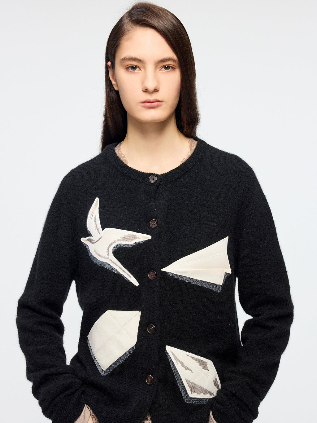 Origami bird wool applique cardigan