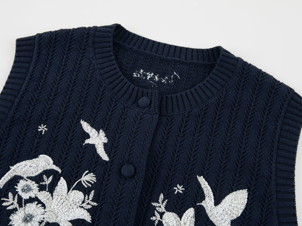 Beaded embroidered bird knit vest