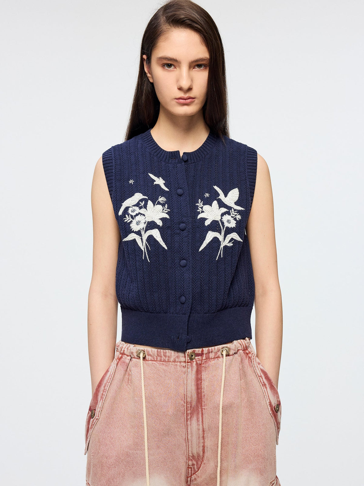 Beaded embroidered bird knit vest
