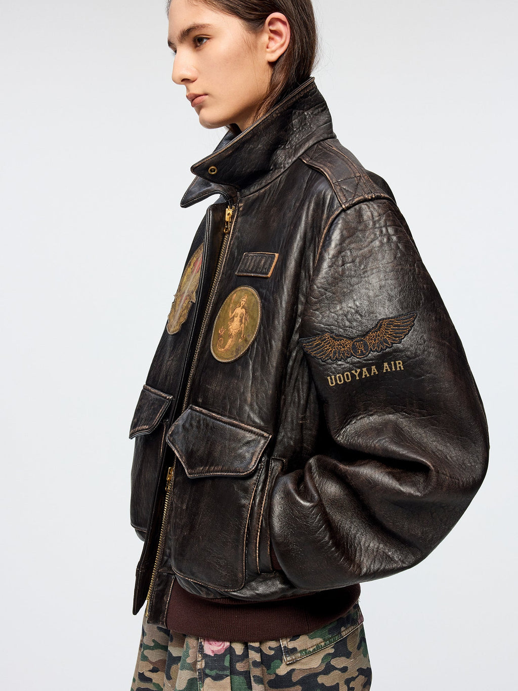 Fantasy badge leather bomber jacket