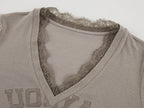 Swan print lace patchwork v-neck long sleeve t-shirt