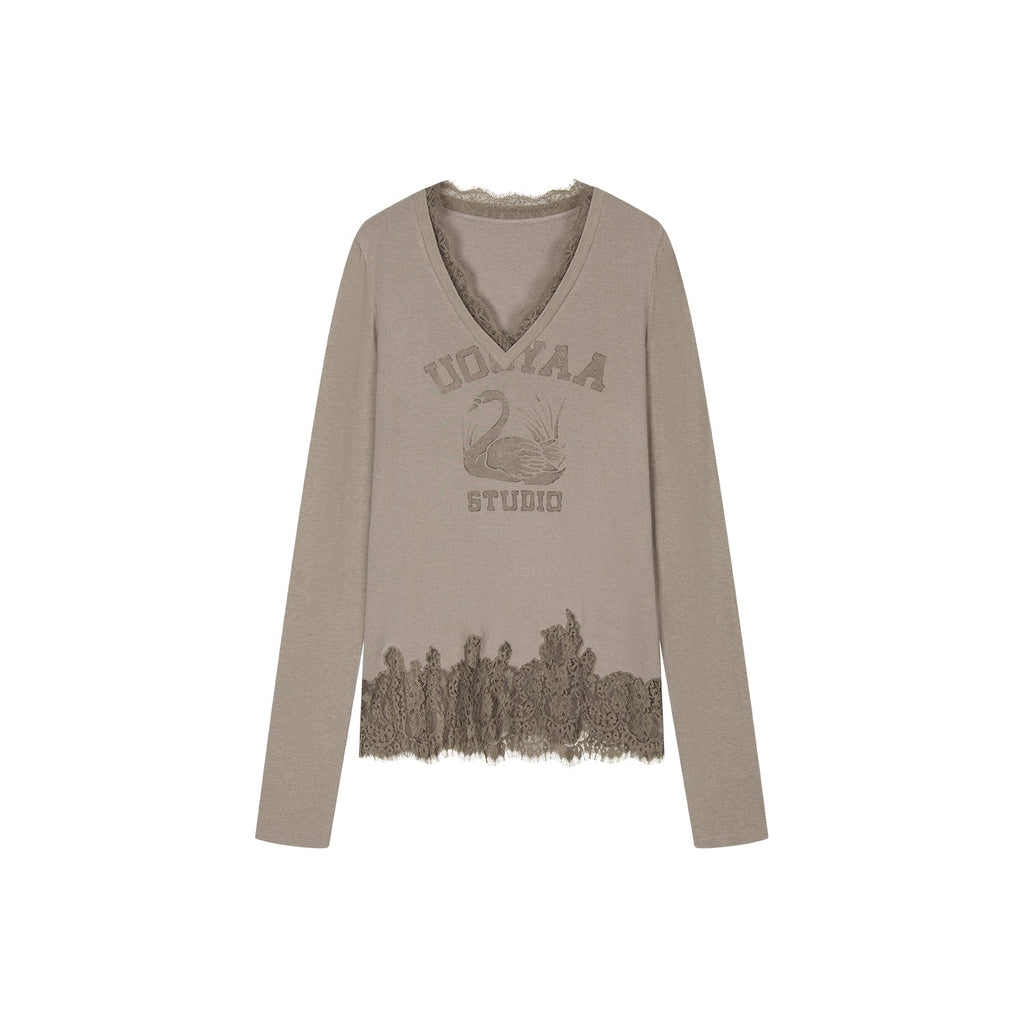 Swan print lace patchwork v-neck long sleeve t-shirt