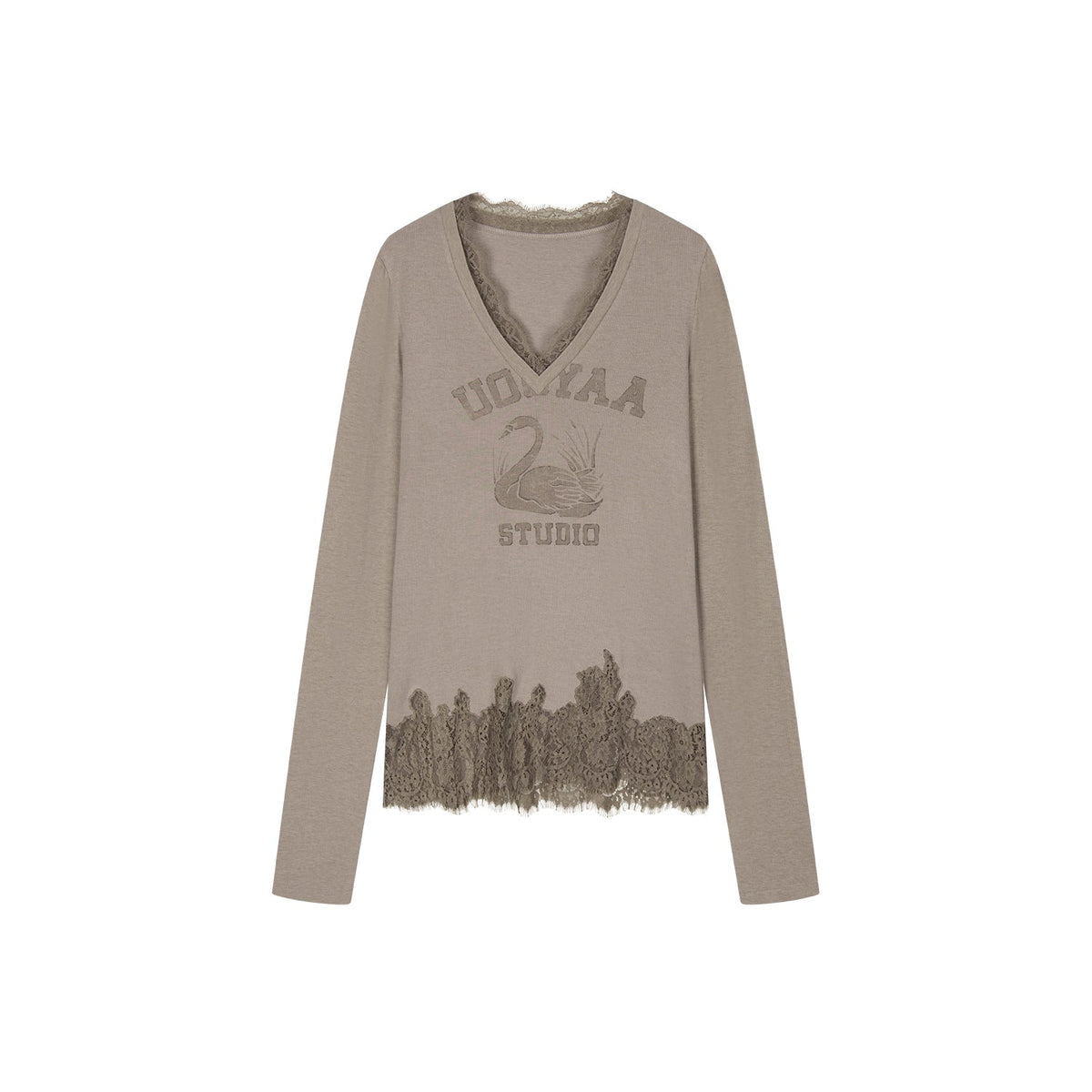 Swan print lace patchwork v-neck long sleeve t-shirt