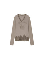 Swan print lace patchwork v-neck long sleeve t-shirt