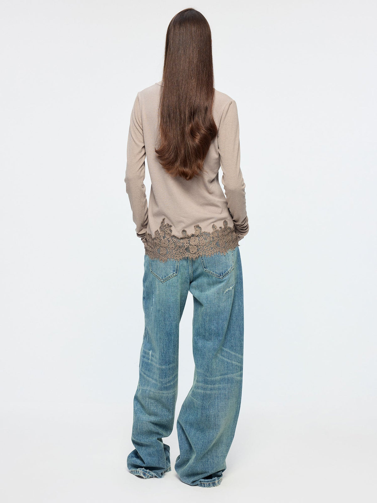 Swan print lace patchwork v-neck long sleeve t-shirt