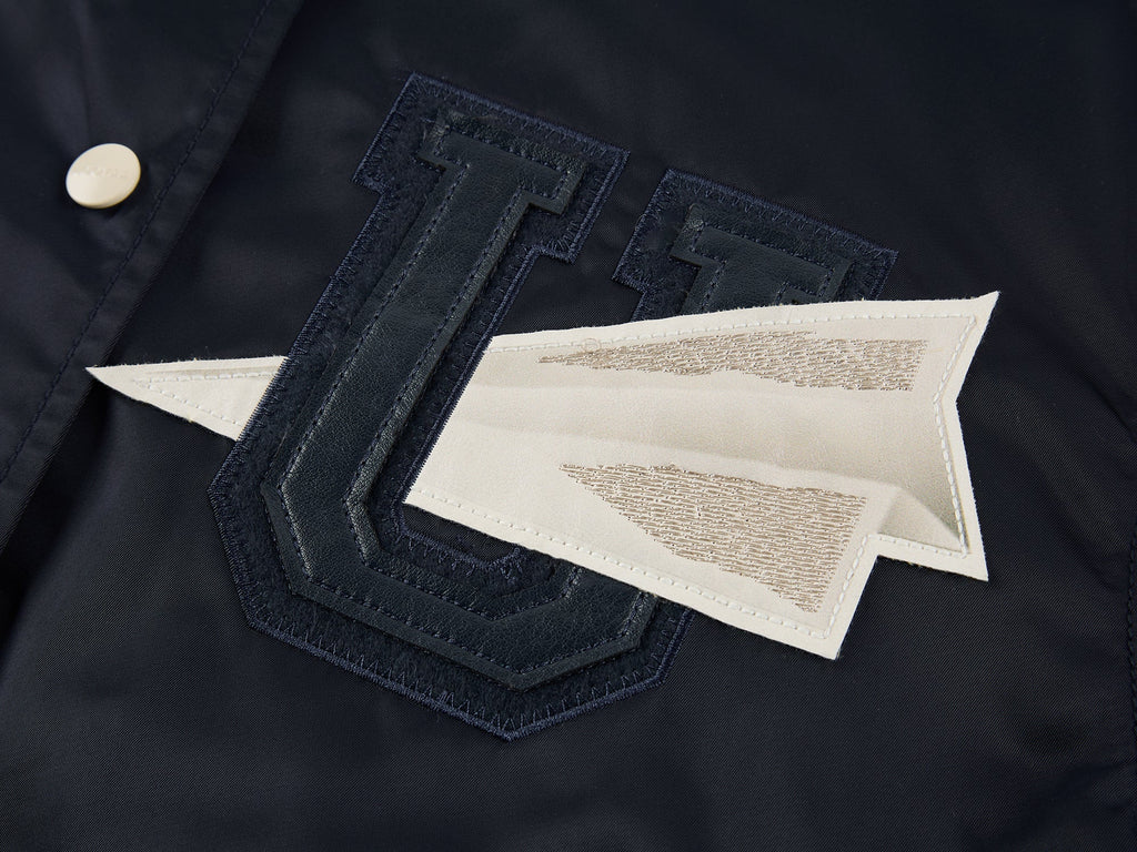 Origami bird PU leather applique baseball jacket
