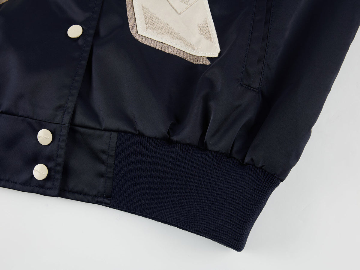 Origami bird PU leather applique baseball jacket
