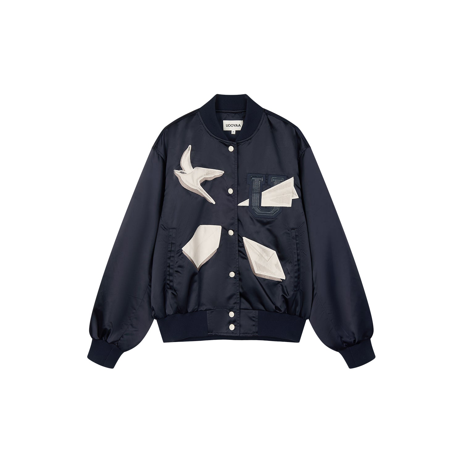 Origami bird PU leather applique baseball jacket