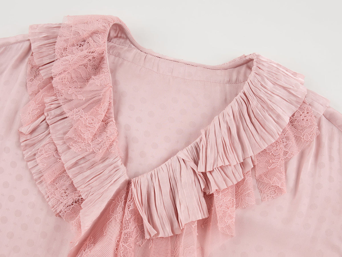 Lace patchwork ruffle collar jacquard shirt