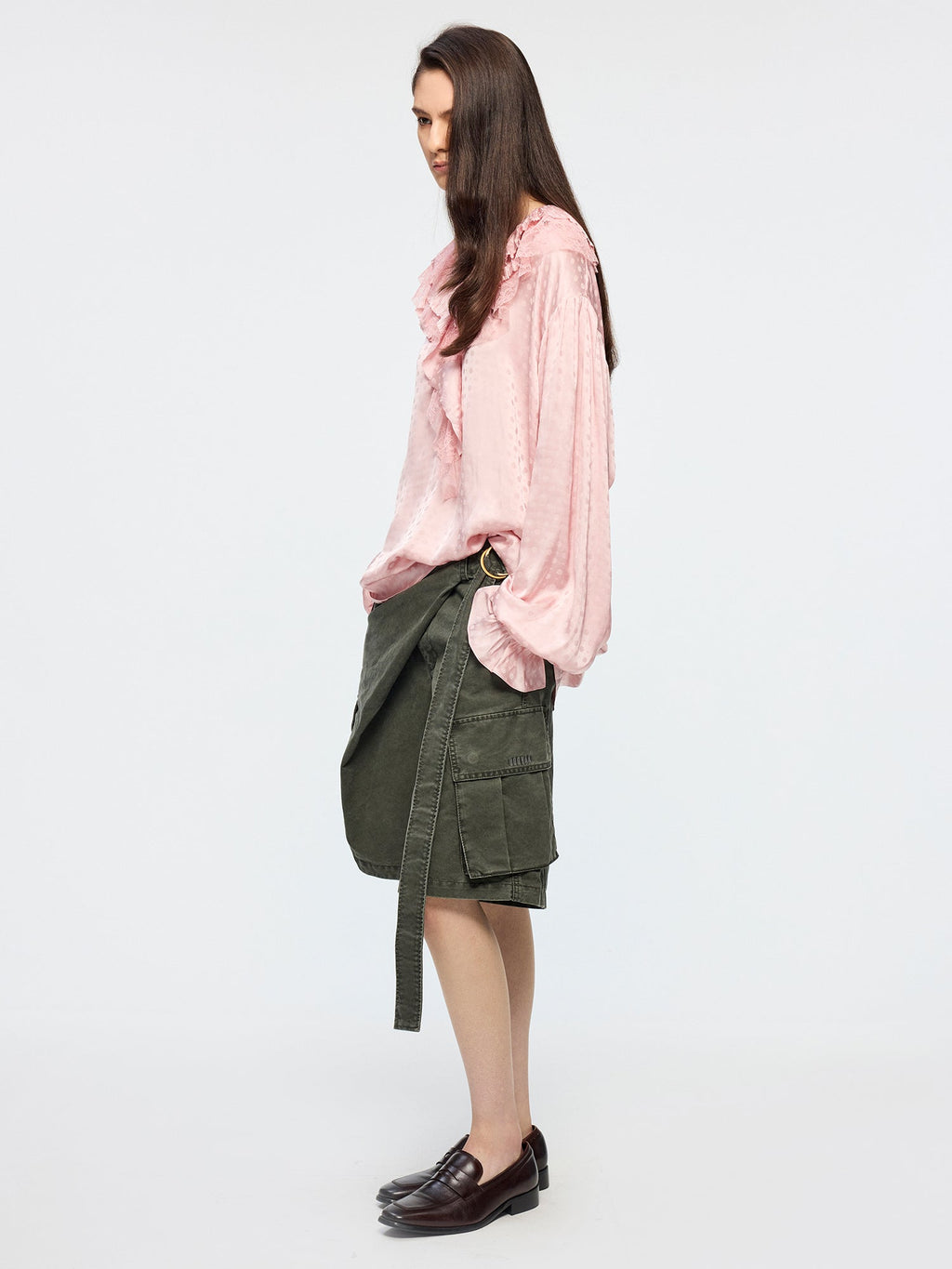 Lace patchwork ruffle collar jacquard shirt