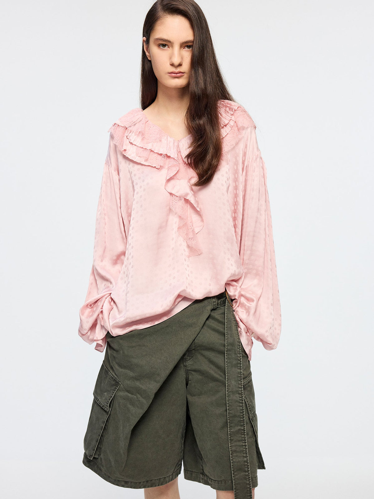 Lace patchwork ruffle collar jacquard shirt