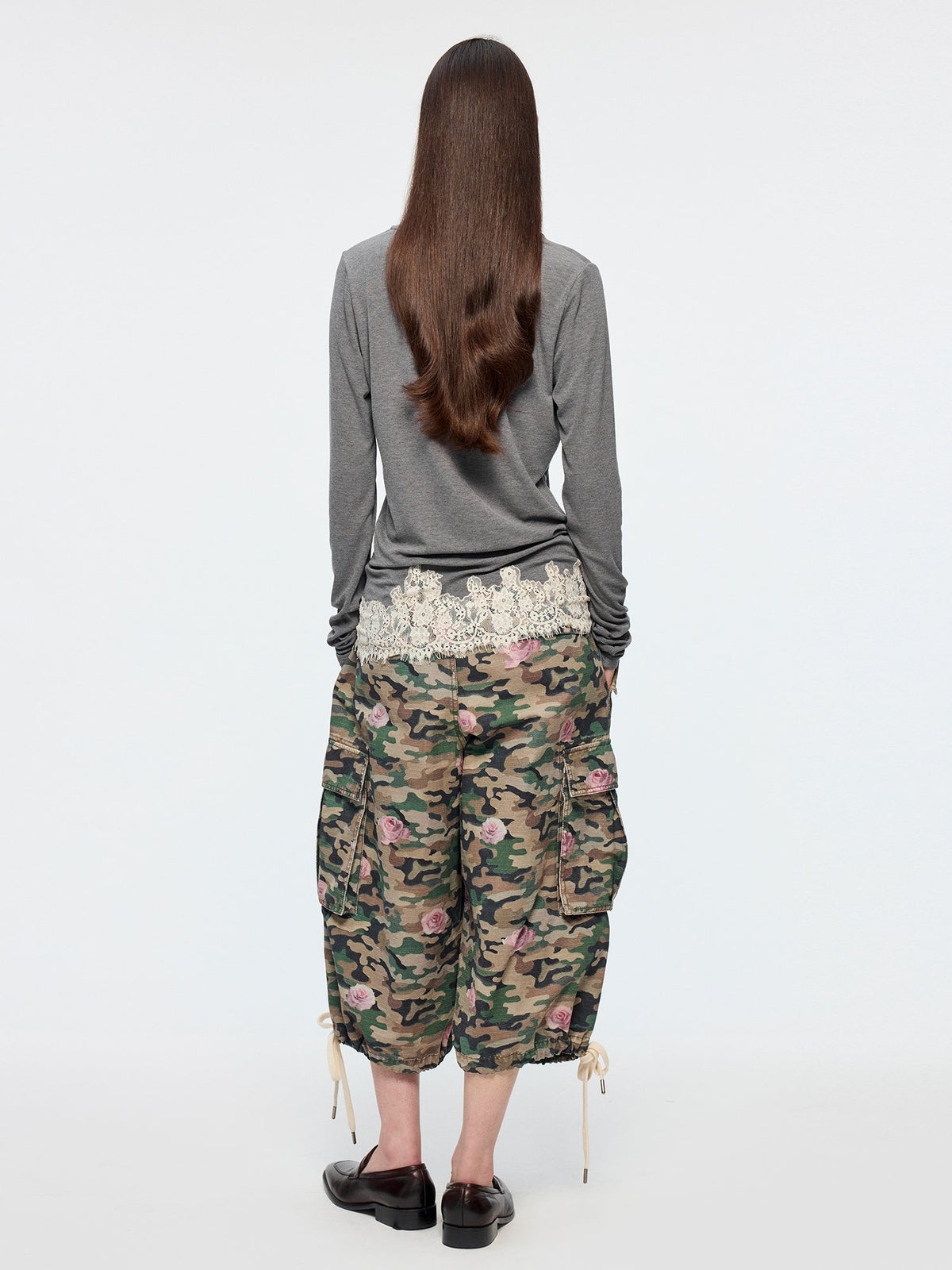 Lace patchwork v-neck long sleeve t-shirt