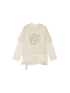 Lace tiered skirt patchwork mock-layer print t-shirt