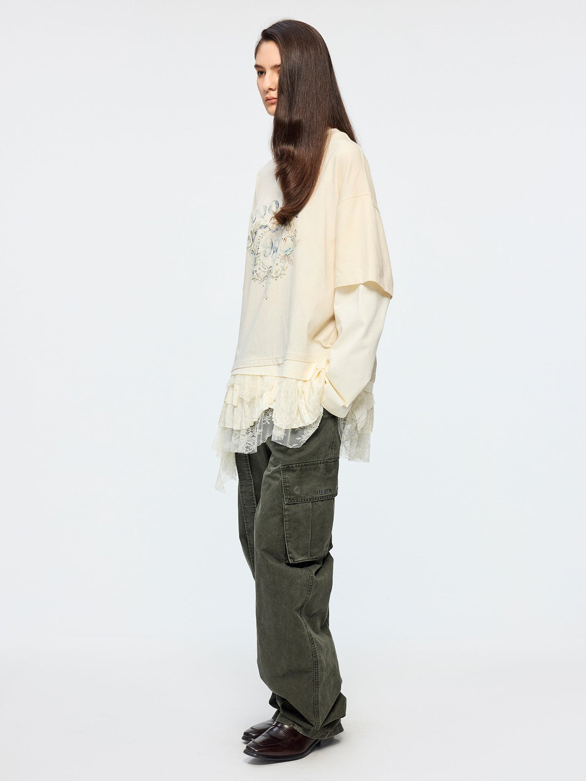 Lace tiered skirt patchwork mock-layer print t-shirt
