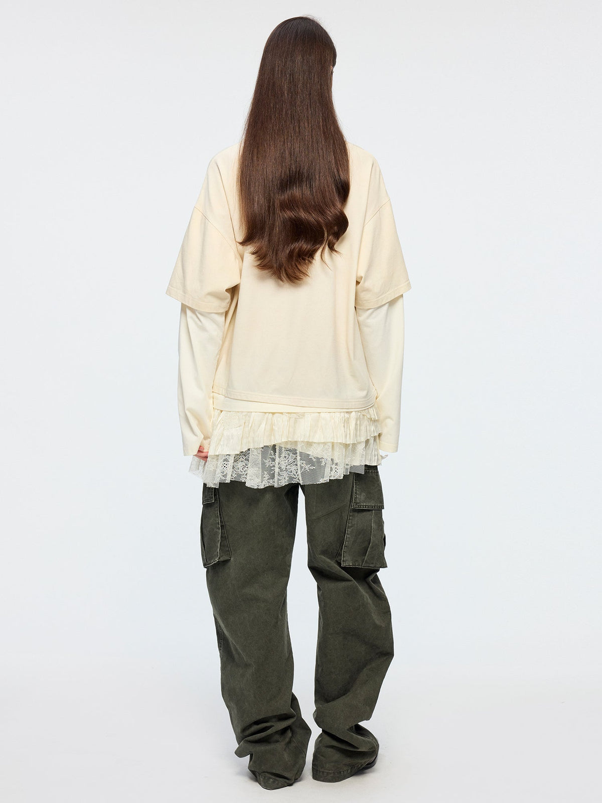 Lace tiered skirt patchwork mock-layer print t-shirt
