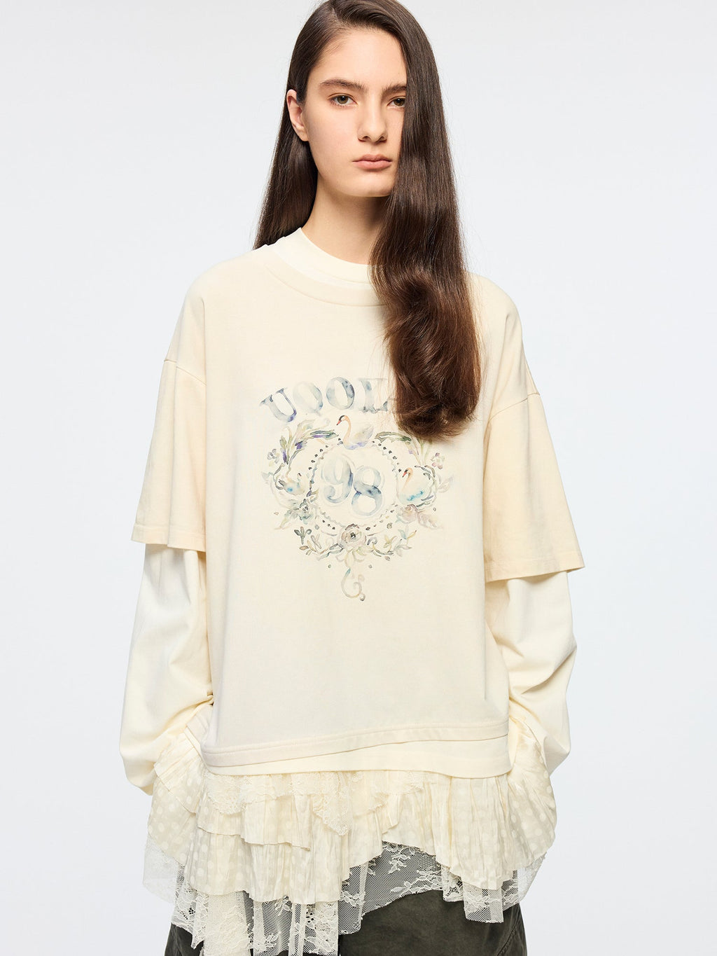 Lace tiered skirt patchwork mock-layer print t-shirt