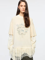 Lace tiered skirt patchwork mock-layer print t-shirt