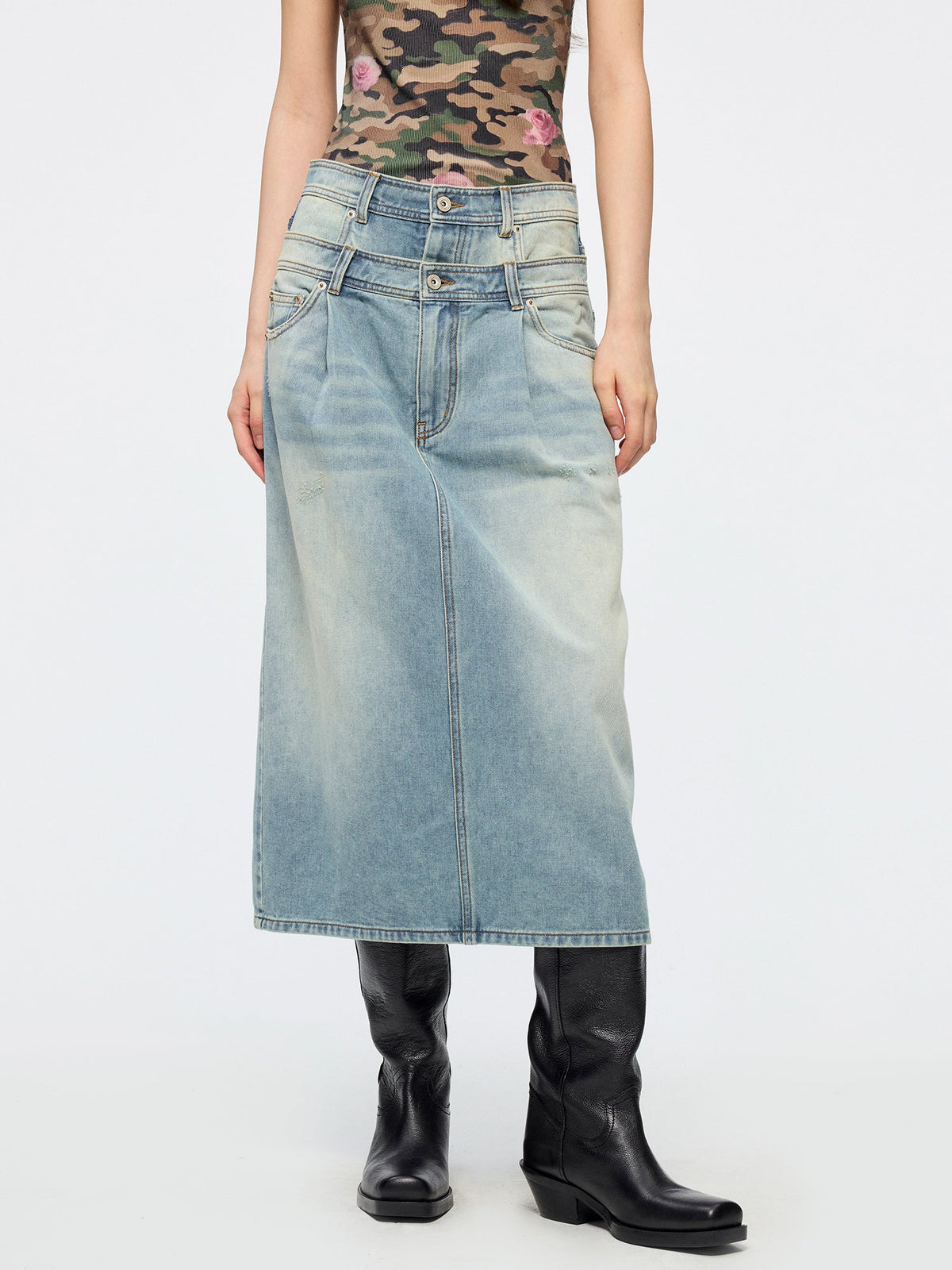 Detachable double waist denim skirt