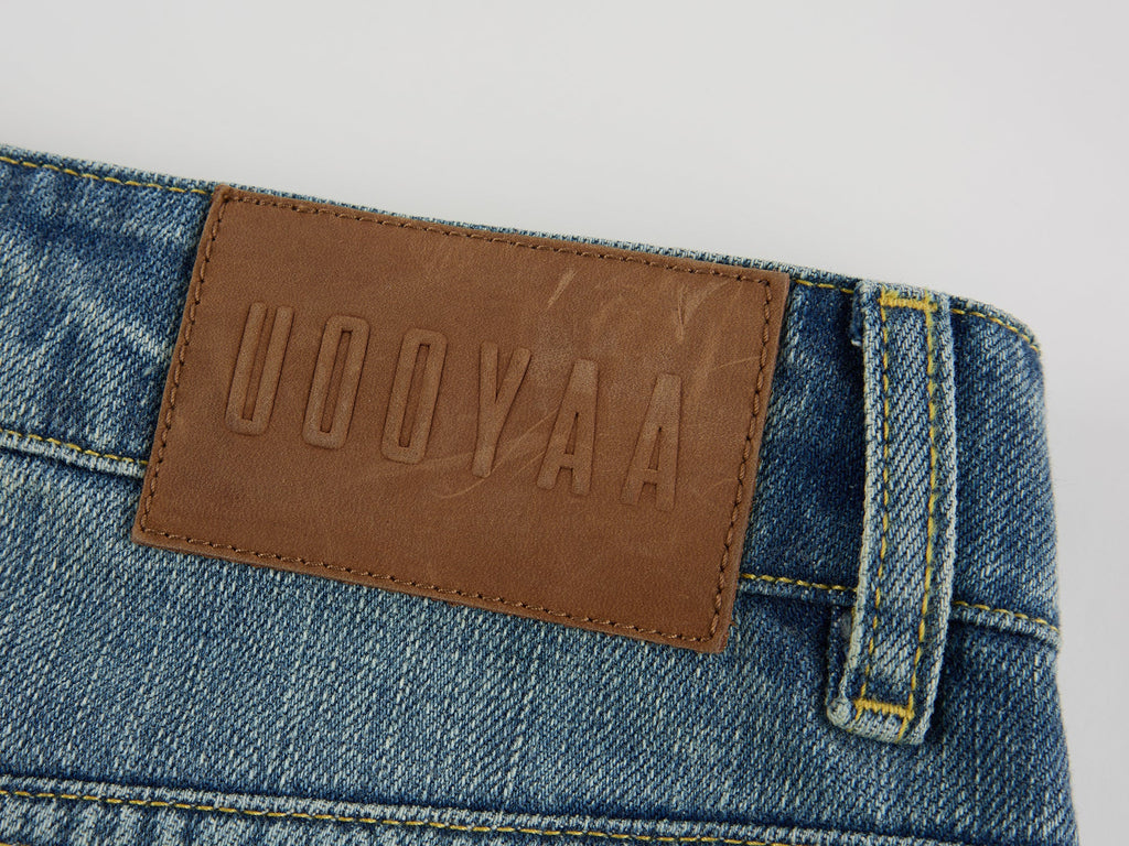 Distressed patchwork denim skirt