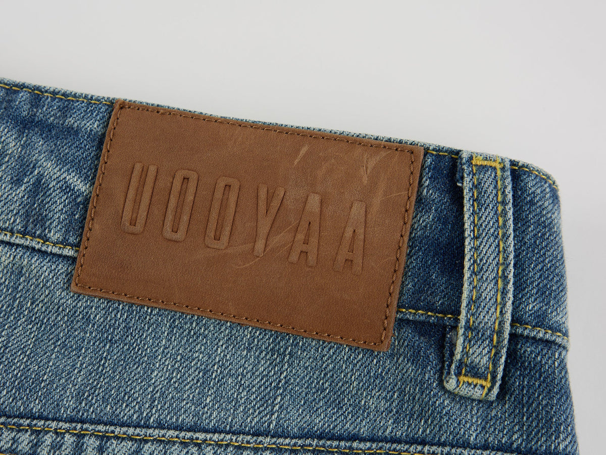 Distressed patchwork denim skirt