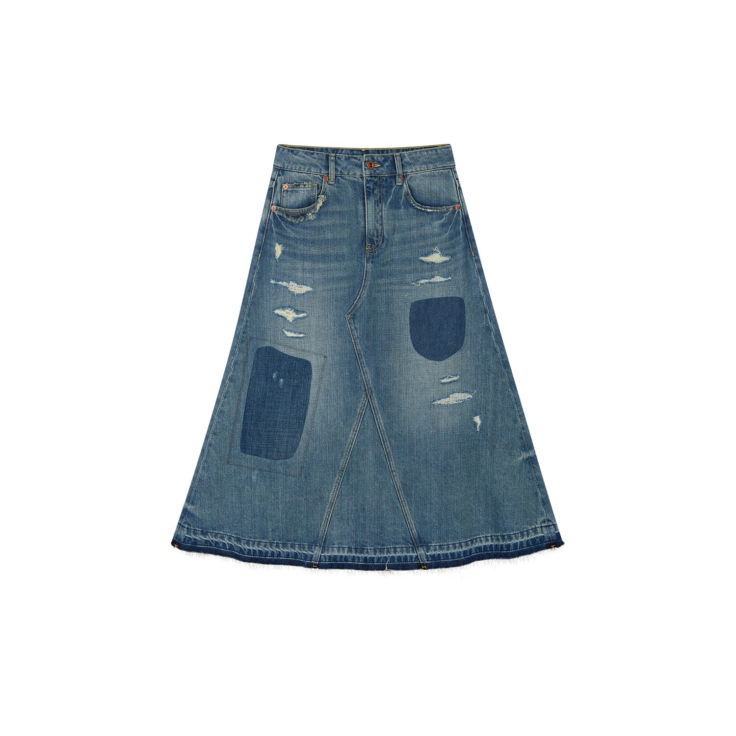 Distressed patchwork denim skirt