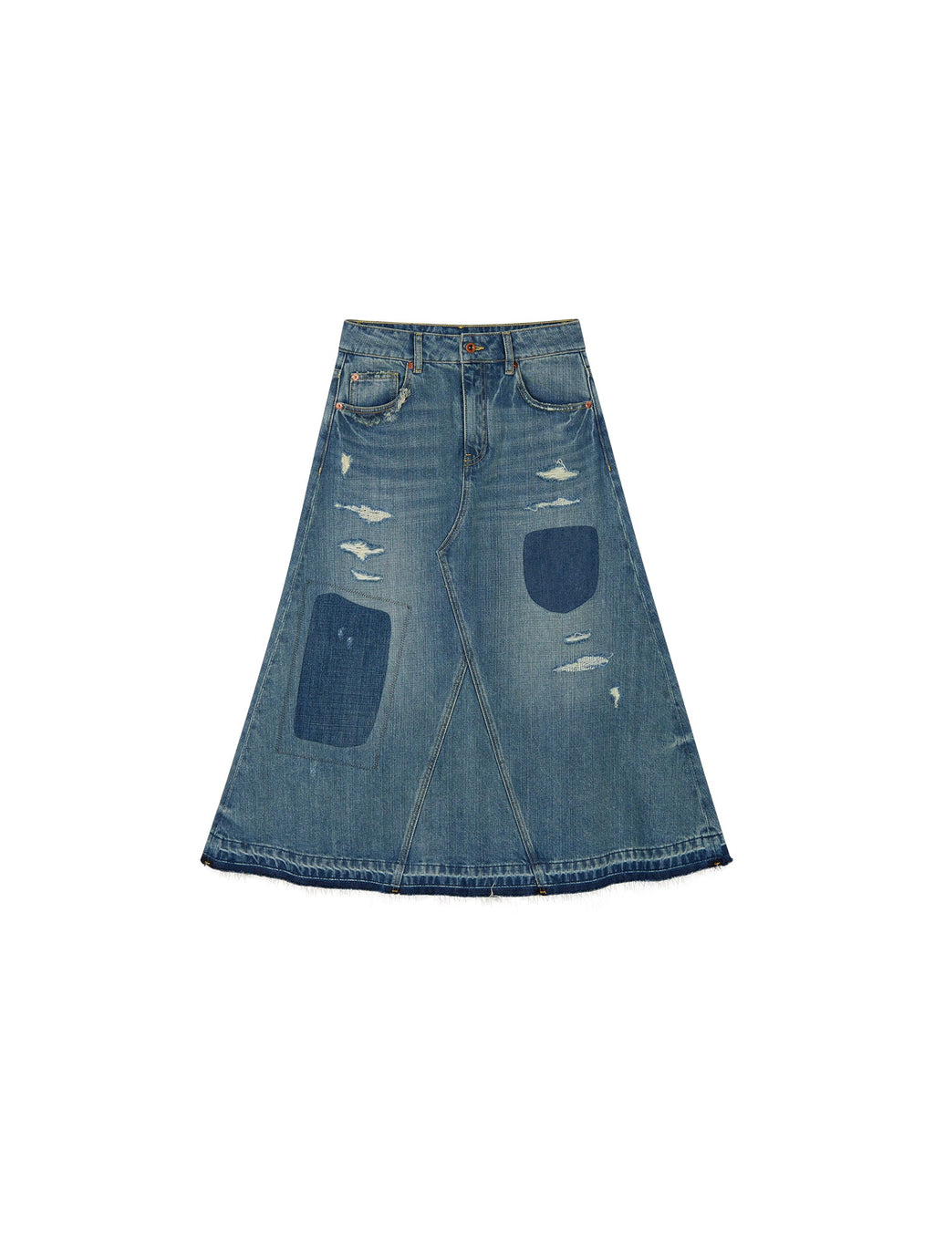 Distressed patchwork denim skirt