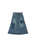 Distressed patchwork denim skirt
